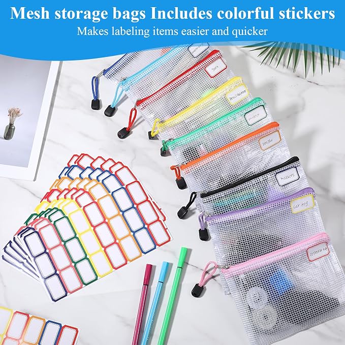 36 Pcs Mesh Zipper Pouch, 4.7x6.5 inch Waterproof Zip Mesh Bags with 2 Sheets Colored Stickers 9 Colors Plastic Water-Resistant File Bags Zipper Bag for Office Supplies Travel Storage