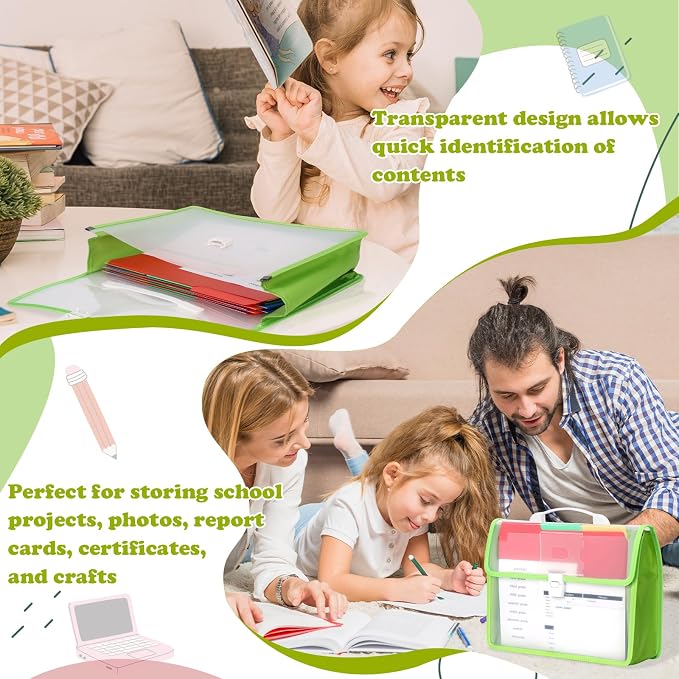 School Years Organizer Kit Clear Plastic Storage Tote with 20 Letter Size Colored Manila Folders 60 Reusable Sticker Labels School Memory Keepsake Box for Pre K to 12th Grade DIY Organization (Green)