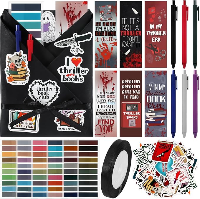 Honoson 6 Set Thriller Blind Date with a Book Gift Box Supplies Including True Crime Mystery Horror Bookmarks Stickers Tags Pens Ribbon Wrapping Papers Bookish Readers Book Club Gifts(Without Books)