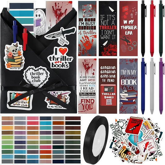 Honoson 6 Set Thriller Blind Date with a Book Gift Box Supplies Including True Crime Mystery Horror Bookmarks Stickers Tags Pens Ribbon Wrapping Papers Bookish Readers Book Club Gifts(Without Books)