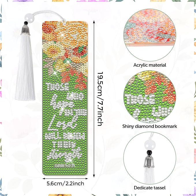 8 Pieces Christian Bible Verse Diamond Art Bookmarks 5d Christian Beaded Bookmark Acrylic Tassel Bookmark for DIY Making Beginners Adults Arts Craft Supplies (Floral Christian)