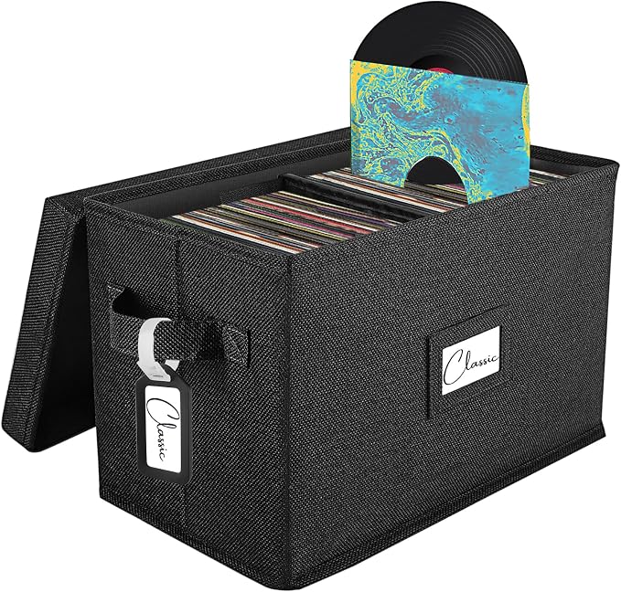 Woodoulogy Vinyl Record Storage Box for 7"/45 RPM LPs, Black Case with Lid Holds up to 80 Albums, CD Crate Play Music Collection Holder, Collapsible File Folder Cabinet Organizer with Handle