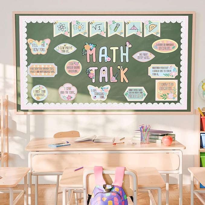 AmazingSpark Pink Floral Math Talk Bulletin Board Set Classroom Decorations Educational Maths Paper Cutouts Back to School Bulletin Board Decor Elementary Middle School Wall Decor Supplies
