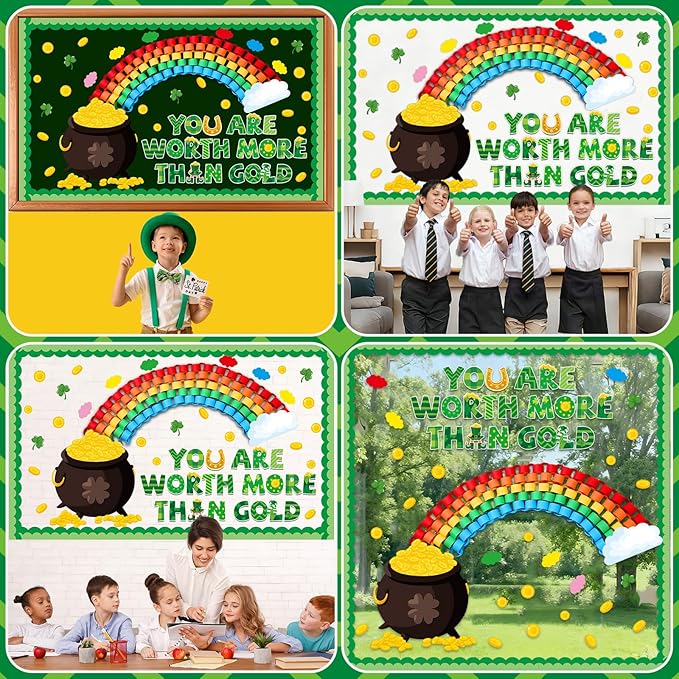 St.Patrick's Day Bulletin Board Decoration Set 3D Rainbow Shamrock Gold Coin Cutouts You are Worth More Than Gold Classroom Bulletin Board for School Chalkboard Wall Decor St. Patrick Party Supplies