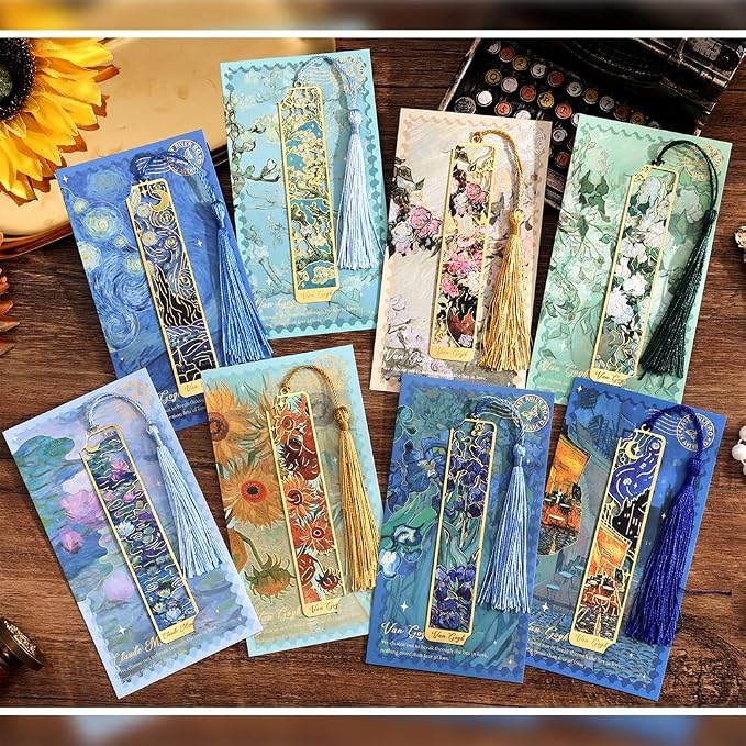 icceemee 8 Pieces of Gold Hollow Bookmarks with Tassels, Featuring Van Gogh and Monet Oil Painting Themes Perfect for Book Lovers, Writers, Readers, Children, Teenagers, Men, Women, and Adults