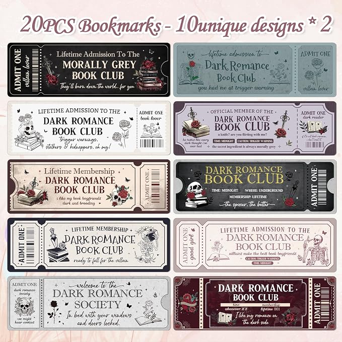 Wxiben Dark Romance Bookmarks Gifts - 20 Pcs Book Club Bookmark Skeleton Flower Book Marks Gothic Romantasy Book Mark Page Marker Clip Gift for for Women Girls Romance Reader Students Teachers Bookish