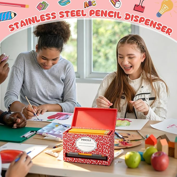 Yalikop 1 Pc Wooden Pencil Dispenser for Classroom Pastel Wood Pencils Holder for up to 200 Pencils Reusable Straw Dispenser for Home Office Teachers Supplies Storage (Notebook,Red)