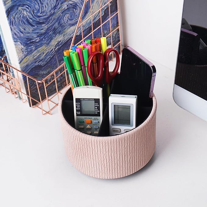 Round Leather Art Supply Organizer,Remote Control Holder,360 Degree Spinning,Multi-Functional Pencil Holder,4 Compartments Desktop Stationary Organizer(1-Wood Pink2)