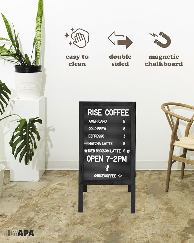Ilyapa A Frame Sandwich Board Signs Outdoor Chalkboard & Felt Letter Board Sign with Changeable Letters - Wooden 36 x 20 in. Double Sided Magnetic Chalk Board & Letterboard for Sidewalk Advertising