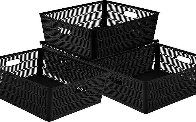 Simplify 4Pk Shallow Slide 2 Stack It Tote Basket | Storage & Organization | Open Bins with Stackable Capability | Bathroom | Crafts | Pantry | Playroom | Office | Black