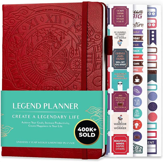 Legend Undated Weekly Planner – Goal Planner Journal & Organizer Notebook – Agenda Book with Monthly Calendar & To-Do List, A5 (Red)