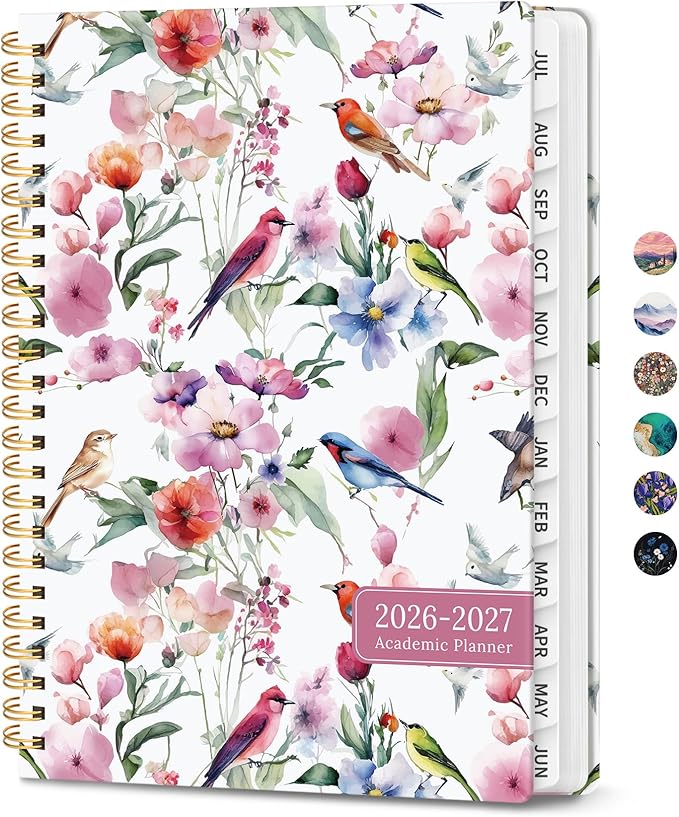 Planner 2026-2027, Monthly and Weekly Academic Planner July 2026 - June 2027, Hardcover Student Teacher Planning Agenda Calendar Book with Tabs, Perfect for Office School Supplies, A4 (8.5" x 11") - Songbird Bloom