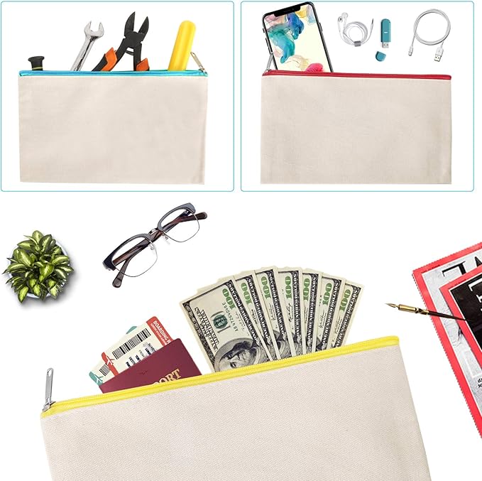 12 Pieces Cotton Canvas Makeup Bag, Multipurpose Cosmetic Bag with Zipper Travel Toiletry Pouch, Blank DIY Craft Bag (Beige, XL)