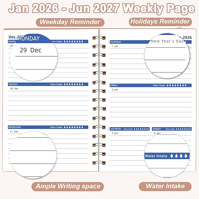 2026-2027 Day Planner, Weekly & Monthly Planner from Jan 2026-Jun 2027, 18 Month Calendar Planner, Agenda 2026 with Tabs Stickers, A5 Size, Pink