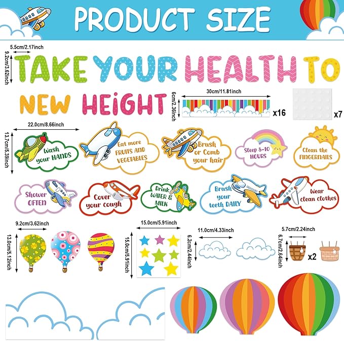 gisgfim Hot Air Balloon Healthy Bulletin Board Set Classroom Decoration Healthy Habits Paper Cutouts Colorful Bulletin Board Borders for Classroom Back to School Chalkboard Wall Decoration Supplies