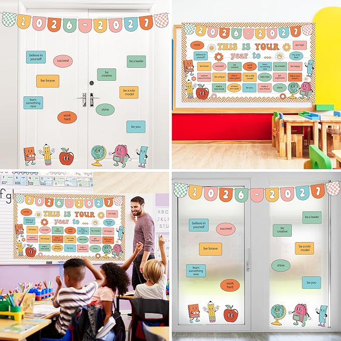 This is Your Year Bulletin Board Set Classroom Decoration Hippie Retro New Year Bulletin Board Set Welcome Back to School Theme Cutouts for School Office Chalkboard Wall Learning Activities Decoration