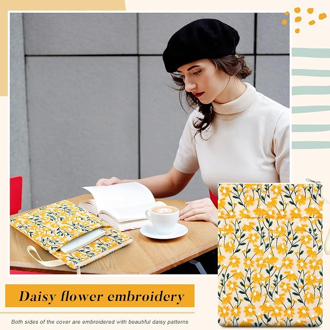 2 Pcs 12''x9'' Embroidered Daisy Book Sleeve with Handle Zipper for Book Lovers Washable Fabric Flower Sleeve Pouch for Paperbacks Hardcover, Christmas Gift for Reader Teacher Women Girls