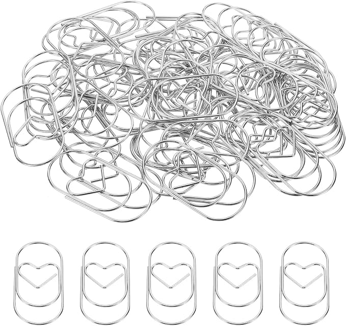 MECCANIXITY Paper Clip Heart-Shaped Cute Decorative Fun Clips Bookmarks 2 Inch Silver Tone for Organize Office Home, Pack of 50