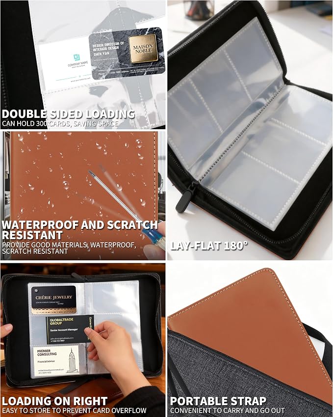 Leather Business Card Book Holder Organizer, Professional Name Card Book Holder with 300 Card Capacity, Portable PU Credit Card Wallet File Sleeve Storage for Men Women,50 Pack Sleeves (Reddish Brown)