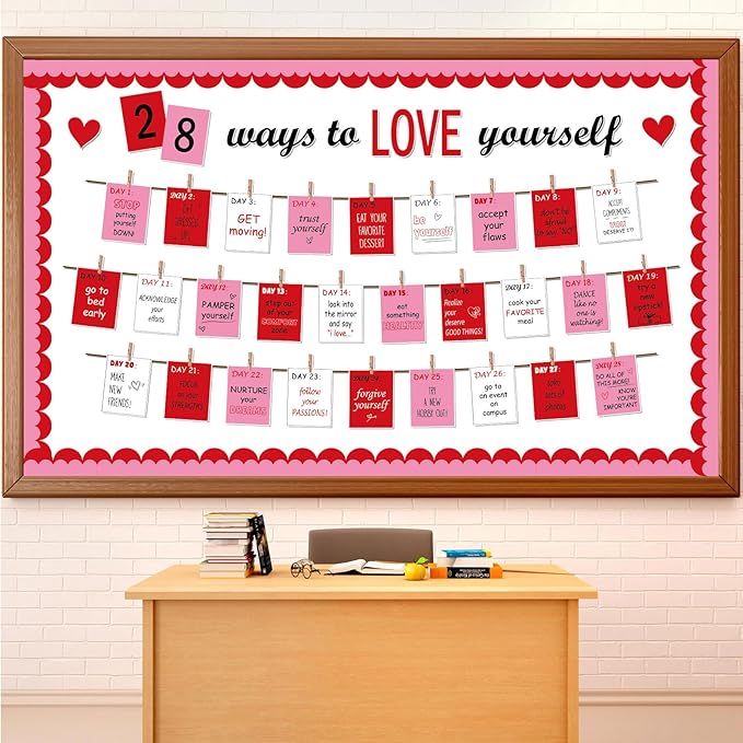 gisgfim Valentine's Day Bulletin Board Set Decoration Valentines Love Heart Paper Cutouts for Craft Projects Valentine's Day School Classroom Party Blackboard Wall Supplies(28 Ways to Love Yourself)