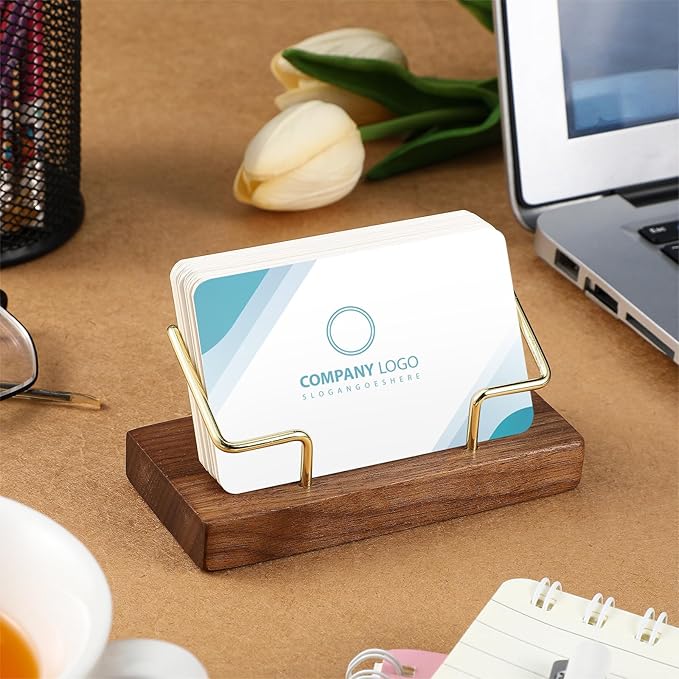 Amyhill 4 Pcs Wood Business Card Holder Display for Desk Metal Wooden Name Card Organizer Business Display Holders for Women Men Office Home Decoration(Gold)