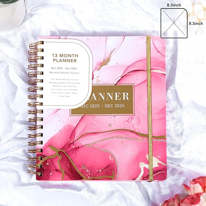 CAGIE 2026 Planner Weekly and Monthly Dec 2025–Dec 2026 Hardcover Planner with Pockets, 13 Month Large Pink Marble Calendar Planner with Stickers Tabs, Spiral Bound Yearly Calendar Planner for Women, 8.3" x 9.3"