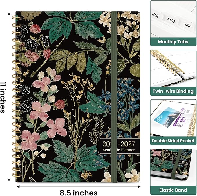 Planner 2026-2027, Academic Monthly and Weekly Calendar Planner for Women, July 2026 - June 2027, Hardcover Pretty Agenda Planner Book with Tabs, Spiral Daily Organizer for School Office Home Supplies, 8.5" x 11" - Forest Botanica