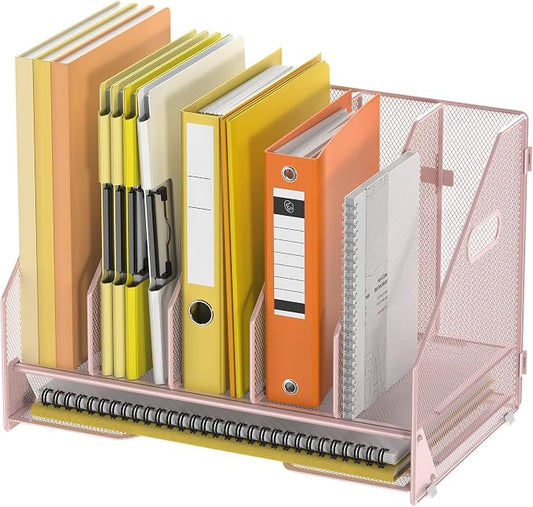 Docnest Desk File Holder Sorter, 5 Vertical Compartments Rack with Letter Tray, Mesh Magazine File Holder with Handle,Workspace Organizers,Desk Organizers for Paper, Mail, Documents-Pink
