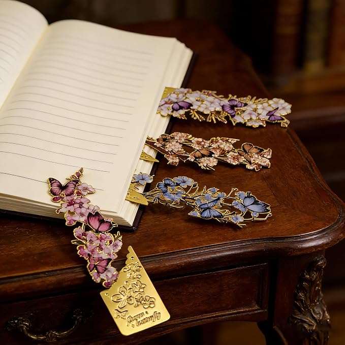 4 Pack Butterfly Flower Bookmarks - Hollow Metal Bookmarks for Book Lovers, Aesthetic Floral Book Markers, Durable Page Markers, Perfect Gift for Readers (Assorted Colors)