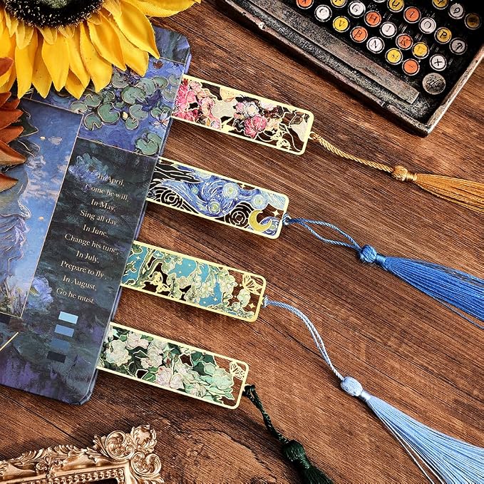 icceemee 4 Pieces of Gold Hollow Bookmarks with Tassels, Featuring Van Gogh and Monet Oil Painting Themes Perfect for Book Lovers, Writers, Readers, Children, Teenagers, Men, Women, and Adults