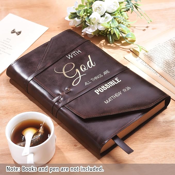 LParkin Elegant PU Leather Bible Case for Men and Women - Versatile Bible Cover with Adjustable Strap, Perfect Christian Gifts, with God All Things are Possible - Large