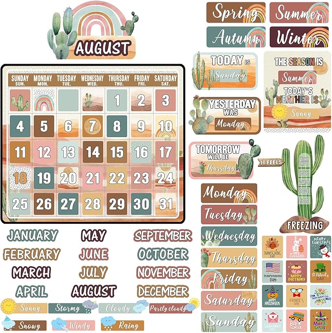 Cholemy 85 Pcs Calendar Bulletin Board Set Classroom Calendar Bulletin Board with Numbers Month Weather Classroom Decoration Wall Decor for Chalkboard Back to School Supplies(Boho Desert)