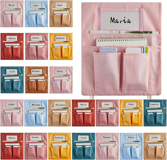 gisgfim 24 Pcs Small Chair Pockets for Classroom 13 x 14 Inch Bag with Name Tag Multi Pockets Chairsback Pouch Organizer for Student Kindergarten Elementary Daycare (Groovy)