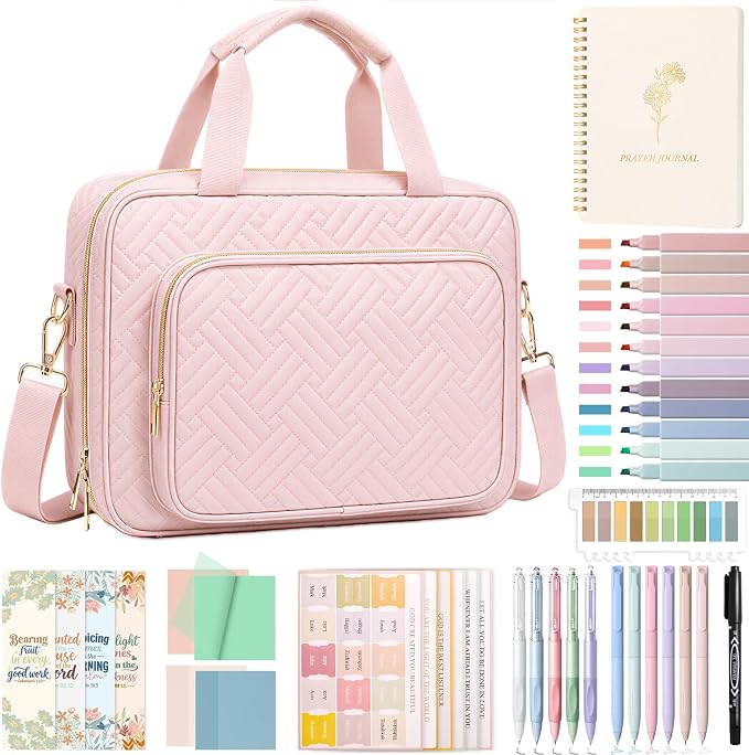 XKDOUS Bible Cover Case for Women, Quilted Large Bible Bag with Shoulder Strap, Bible Study Supplies with Highlighters, Tabs & Journaling Kit, Christian Gifts for Mom & Women (Pink)