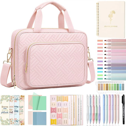 XKDOUS Bible Cover Case for Women, Quilted Large Bible Bag with Shoulder Strap, Bible Study Supplies with Highlighters, Tabs & Journaling Kit, Christian Gifts for Mom & Women (Pink)