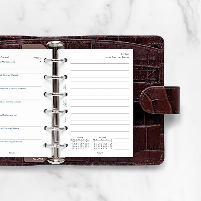 Filofax Calendar Diary Refill, Pocket Size, Week on One Page with Notes, White Paper, Multilingual: Four Languages, 2025 (C68209-25)