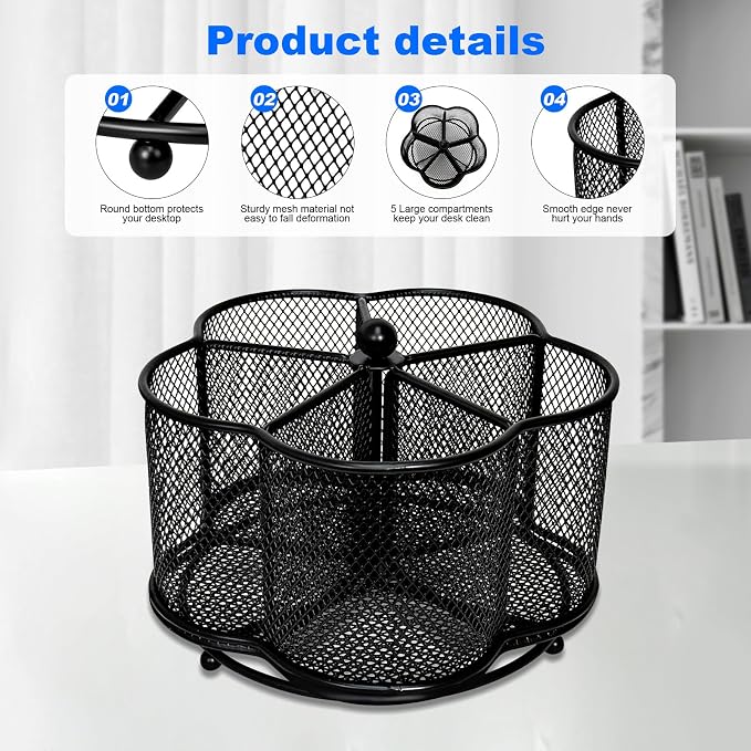 360 Degree Rotate Pen Holder for Desk Mesh Desk Pen Organizer Pencil Holder Large Capacity Accessories & Workspace Organizers for School,Home (Black, No hook)