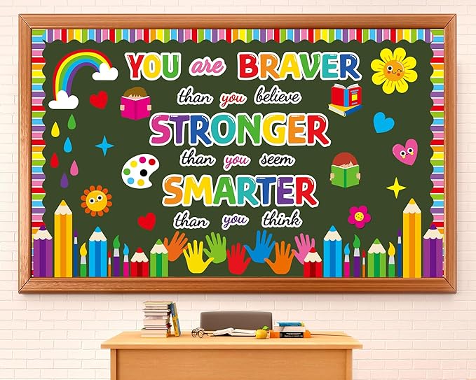 gisgfim Colorful Handprint Bulletin Board Decorations Set Welcome Back to School Classroom Pencil Braver Stronger Smarter Paper Cutouts Motivational Bulletin Board Decor for Nursery Chalkboard Wall