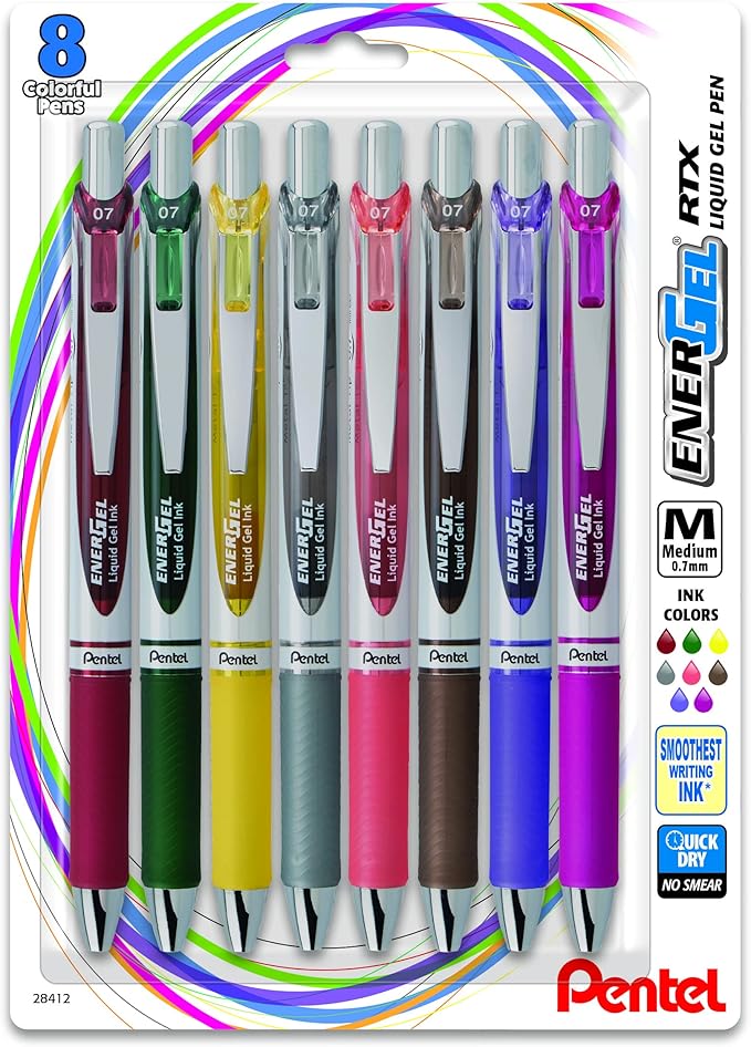Pentel EnerGel RTX Retractable Liquid Gel Pen, (0.7mm) Medium Line, Metal Tip, Assorted Ink, 8 Pack (BL77BP8M3)