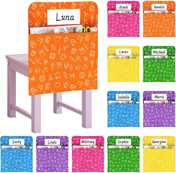 gisgfim 12 Pcs Chair Pockets for Classroom 17 x 20 Inch Colorful Stationery s with Name Tag Chairback Pouch Bag Organizer for Student Elementary School Daycare Supply