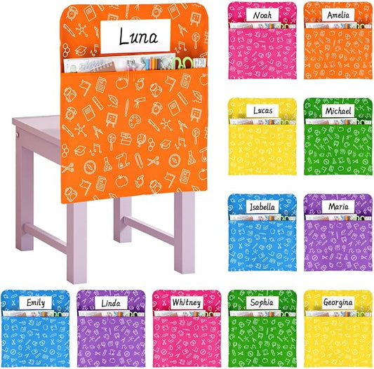 gisgfim 12 Pcs Chair Pockets for Classroom 17 x 20 Inch Colorful Stationery s with Name Tag Chairback Pouch Bag Organizer for Student Elementary School Daycare Supply
