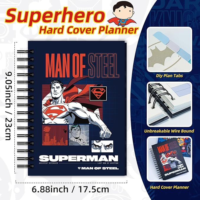 Superman Planner 2026, Superhero Weekly/Monthly Planner with Tabs, Hardcover Calendar Planner Monthly Agenda Spiral Notebook for Teacher Student Organizer Supplies (Plan D)
