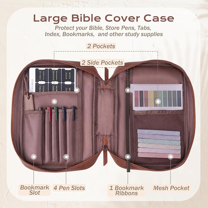XKDOUS Leather Bible Cover Book Carrying Case Classic Church Bag Holder Portable Study Supplies Organizer with Handle, Pockets Father Day Christian Gift for Dad, Men, Women, Friends
