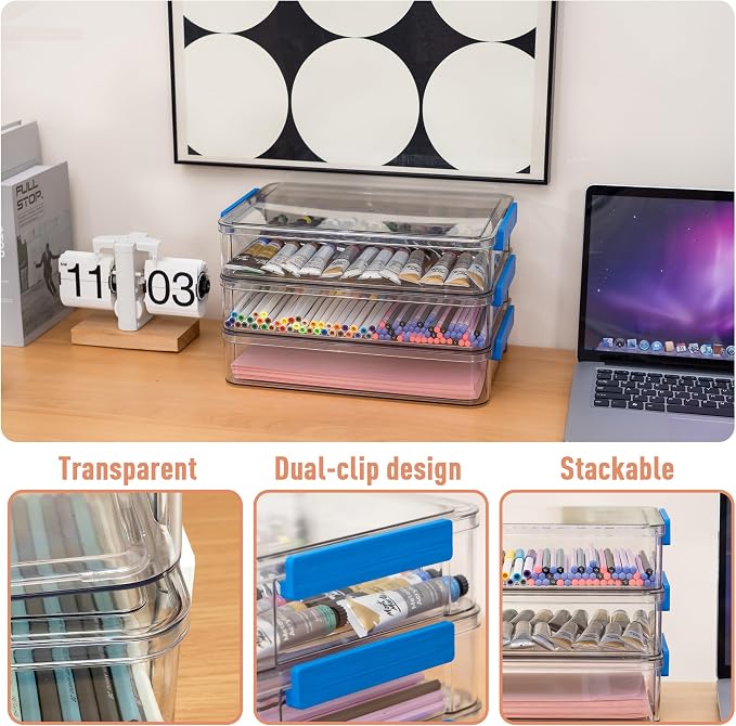 Citylife 6 Qt 9 x 13 Plastic Storage Bins with Lids and Latches, Portable Project Case for Drawers, Clear Stackable File Box for Organizing A4 Paper, Letters, Documents, Art Supplies, and Crafts