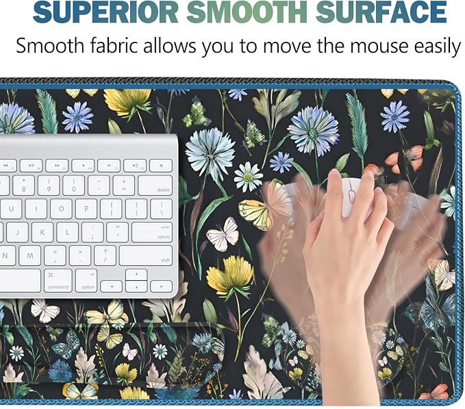 ARTSO Keyboard Mouse Pad Set, Extended Mouse Pad with Keyboard Wrist Rest Support, Memory Foam Ergonomic Desk Pad Set for Home Office, Flower Leaf Butterfly