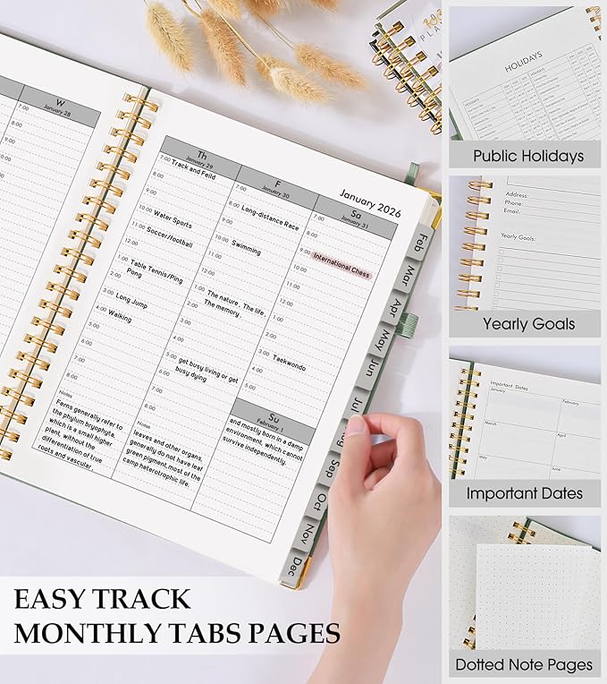 2026 Planner, Weekly and Monthly Calendar Planner from January 2026 - December 2026, 5.75" x 8.38" Hardcover Leather Hourly Appointment Book with Tabs, A5 Spiral Daily Planners for College School Work Home, Green