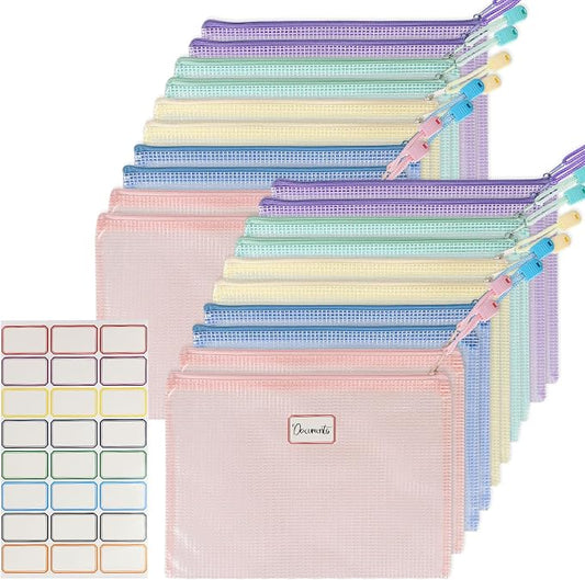 MultiBey 20 Pack Zipper Pouch Bags with Labels, 6.8x9.4 Inch A5 Waterproof Mesh Storage Pouches for Organizing, Small Mesh Pouch for Travel, Office, Puzzle, Home Storage, 5 Macaron Colors