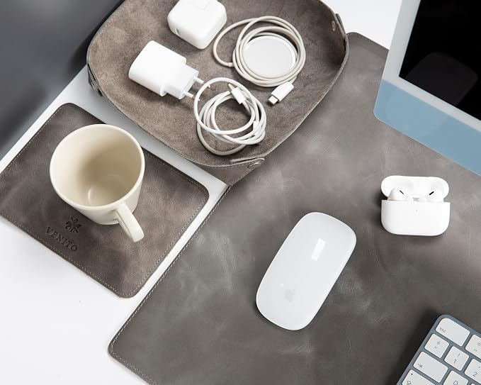 VENITO Leather 3-in-1 Desk Mat Set – Desk Mat (32"x16"), Organizer Tray & Cup Coaster – Full-Grain Leather Desk Pad for Office & Home – Elegant Workspace Accessories for Men & Women, Grey