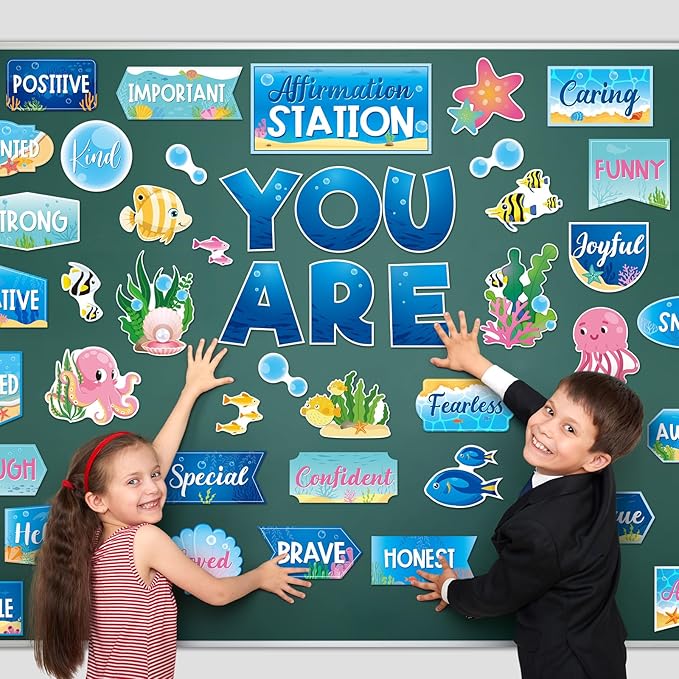 45 Pcs Ocean Affirmation Station Bulletin Board Set Motivational Posters Classroom Mirror Growth Mindset Decor Positive Affirmations Accents Cutouts for School Office Home Teacher Wall
