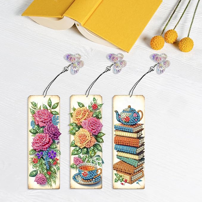 ARTopet 3Pcs DIY Diamond Art Painting Bookmarks with Colorful Butterfly Pendant PET Bookmark Ornament Double Sided Pattern Single Sided Diamond Book Marker Clip Gifts Tags-Rose